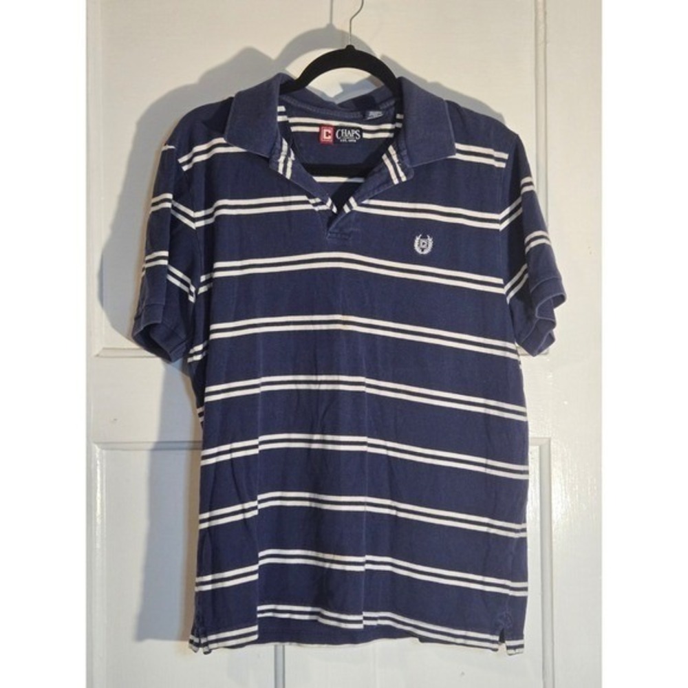 Chaps Mens Navy Blue White Striped Short Sleeve Cotton Pique Polo Shirt Size M